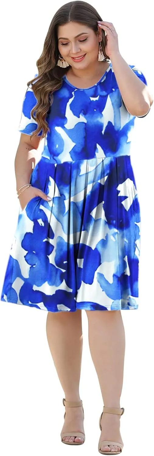 AUSELILY Women's Plus Size Round Neck Pleated Swing Dress with Pockets Knee Length