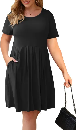 AUSELILY Women's Plus Size Round Neck Pleated Swing Dress with Pockets Knee Length