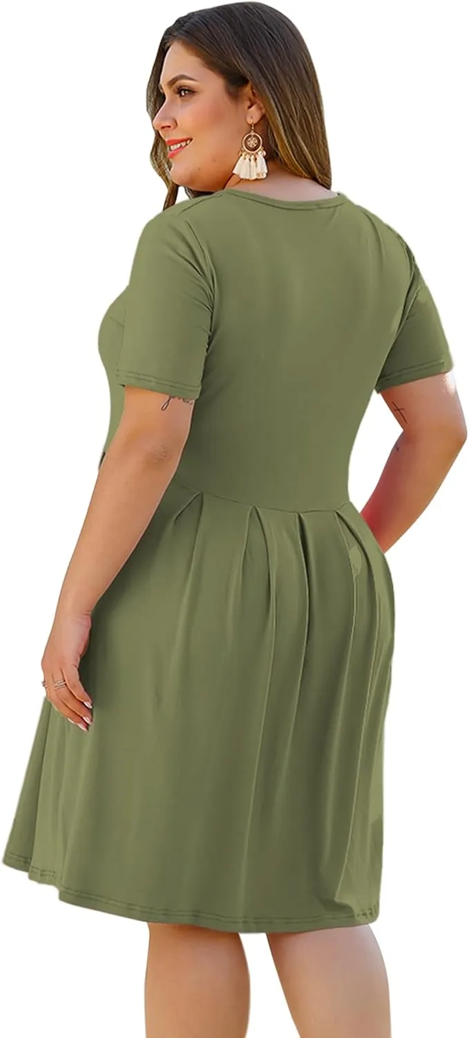 AUSELILY Women's Plus Size Round Neck Pleated Swing Dress with Pockets Knee Length
