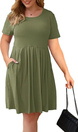 AUSELILY Women's Plus Size Round Neck Pleated Swing Dress with Pockets Knee Length