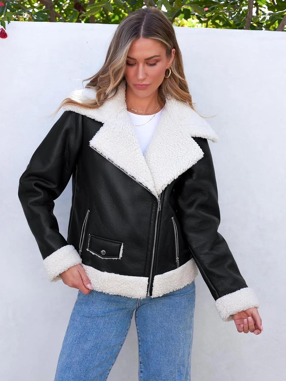 AUTOMET Womens Faux Shearing Fur Leather Jackets Thick Fur Lined Lapel Zipper Bomber Aviator Coat Winter Clothes