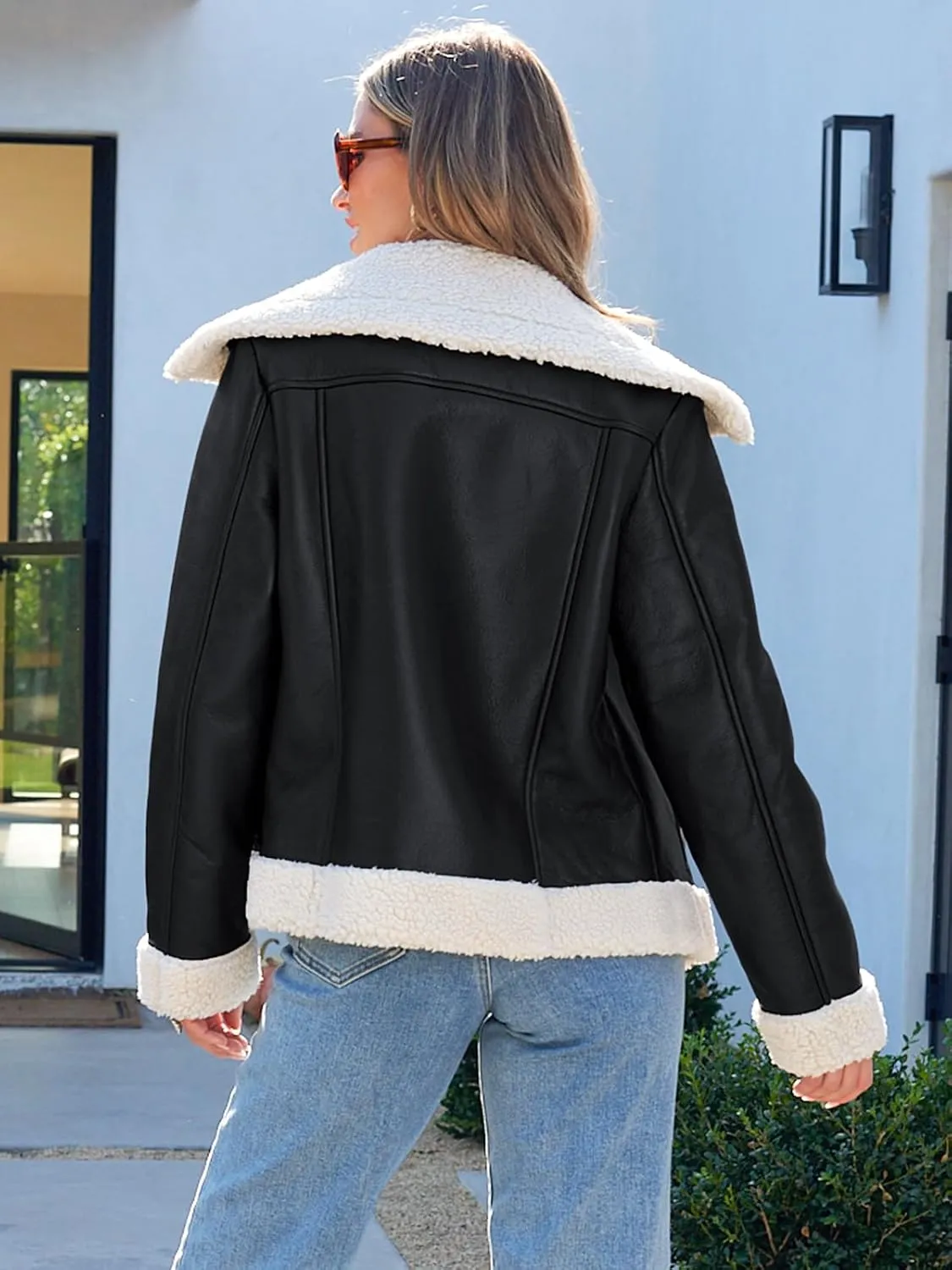 AUTOMET Womens Faux Shearing Fur Leather Jackets Thick Fur Lined Lapel Zipper Bomber Aviator Coat Winter Clothes
