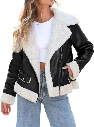 AUTOMET Womens Faux Shearing Fur Leather Jackets Thick Fur Lined Lapel Zipper Bomber Aviator Coat Winter Clothes