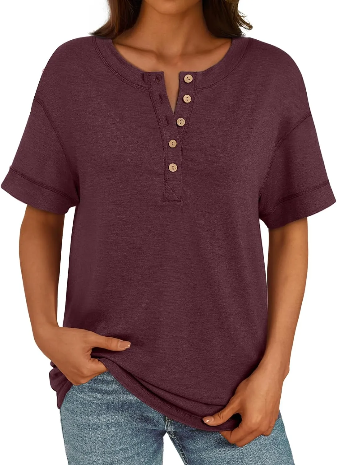AUTOMET Womens Short Sleeve Henley Shirts Summer Dressy Casual Flowy Tops Loose Fit Basic Trendy Fashion Blouses 2025