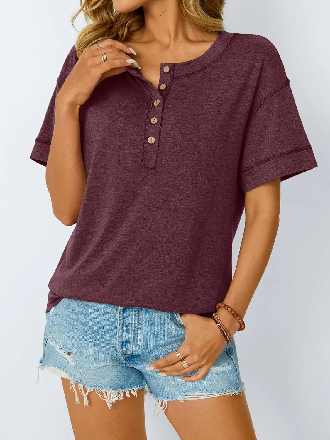 AUTOMET Womens Short Sleeve Henley Shirts Summer Dressy Casual Flowy Tops Loose Fit Basic Trendy Fashion Blouses 2025
