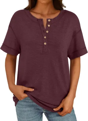 AUTOMET Womens Short Sleeve Henley Shirts Summer Dressy Casual Flowy Tops Loose Fit Basic Trendy Fashion Blouses 2025
