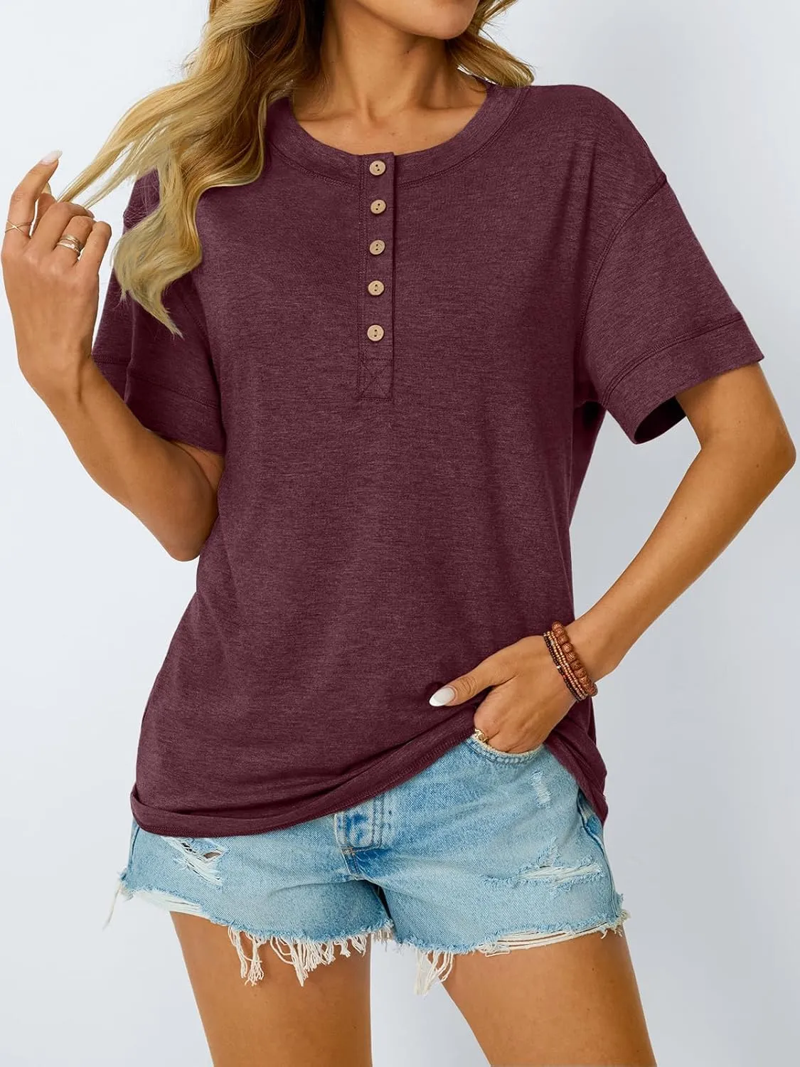 AUTOMET Womens Short Sleeve Henley Shirts Summer Dressy Casual Flowy Tops Loose Fit Basic Trendy Fashion Blouses 2025