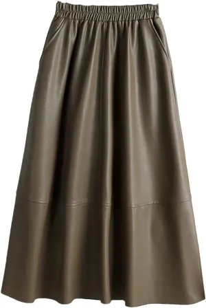 Autumn Winter Female Faux PU-Leather Midi Skirts Patchwork High Waist A-Line Umbrella Skirts Pockets