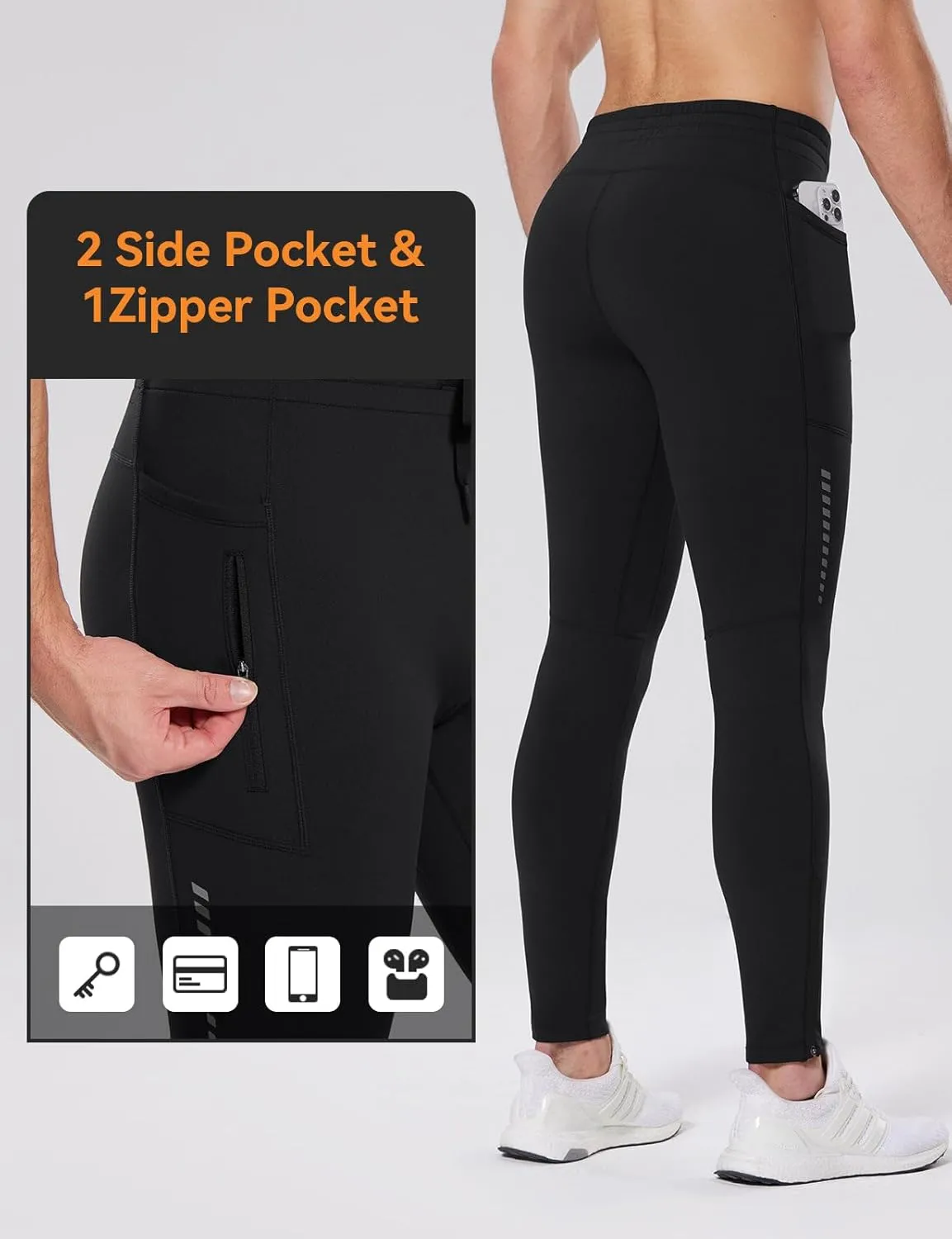 baleaf Men's Thermal Running Tights Winter Cycling Pants Fleece Lined Compression Leggings Zipper Pockets Cold Weather Gear