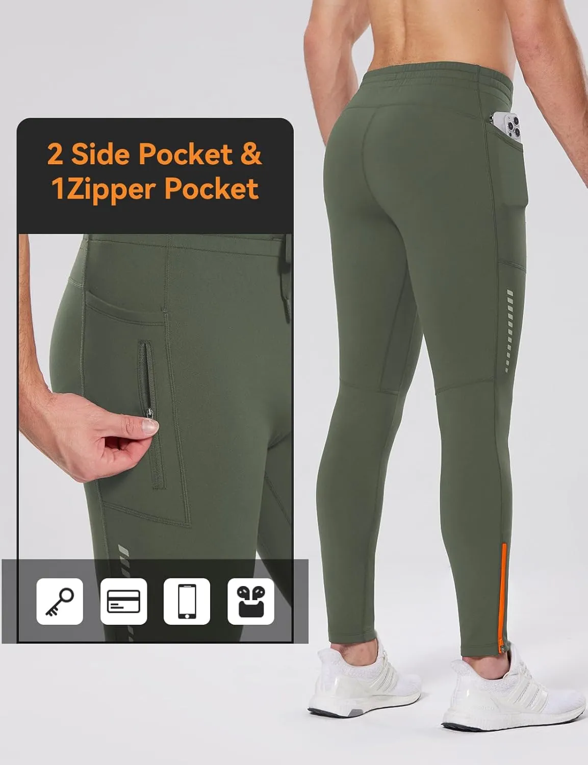 baleaf Men's Thermal Running Tights Winter Cycling Pants Fleece Lined Compression Leggings Zipper Pockets Cold Weather Gear