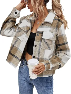Binshre Womens Cropped Plaid Shacket Flannel Long Sleeve Button Down Jackets Coat for Women
