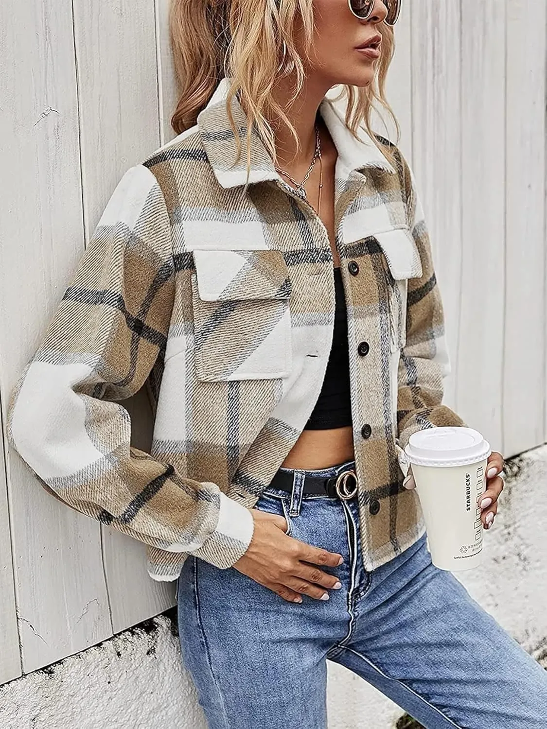 Binshre Womens Cropped Plaid Shacket Flannel Long Sleeve Button Down Jackets Coat for Women