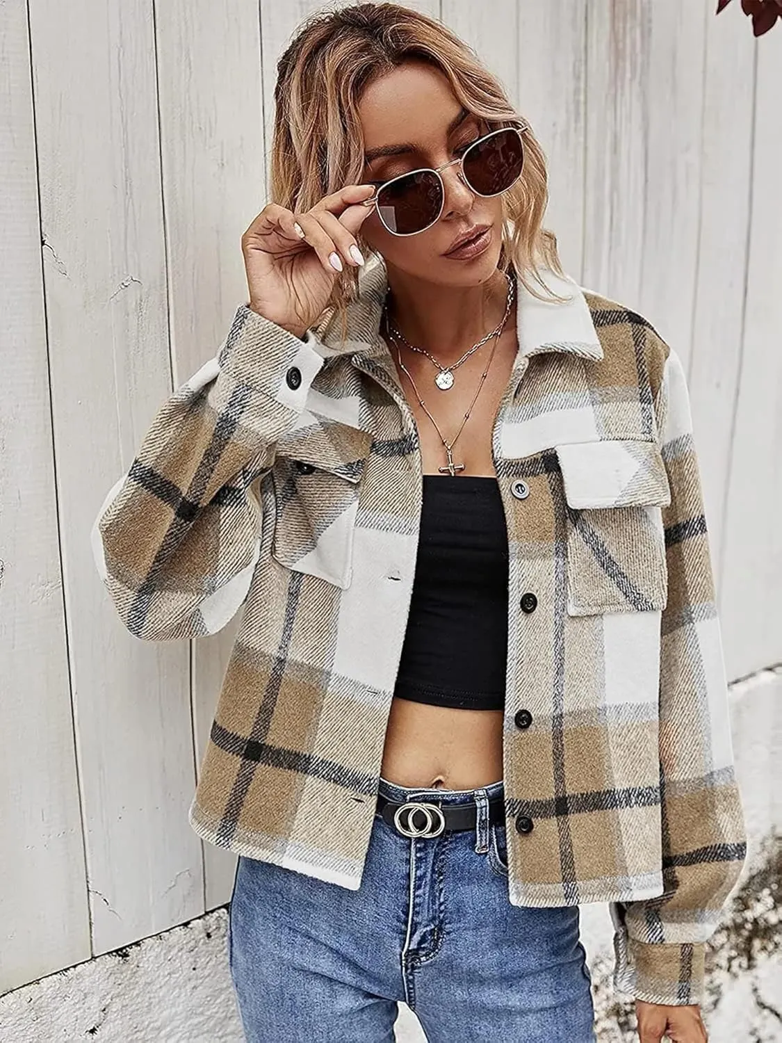 Binshre Womens Cropped Plaid Shacket Flannel Long Sleeve Button Down Jackets Coat for Women