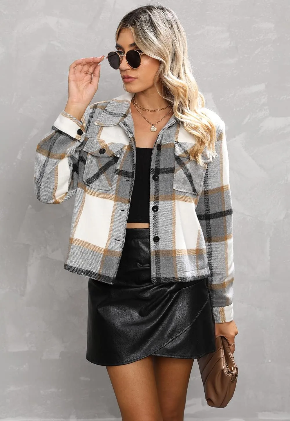 Binshre Womens Cropped Plaid Shacket Flannel Long Sleeve Button Down Jackets Coat for Women