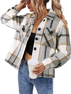 Binshre Womens Cropped Plaid Shacket Flannel Long Sleeve Button Down Jackets Coat for Women