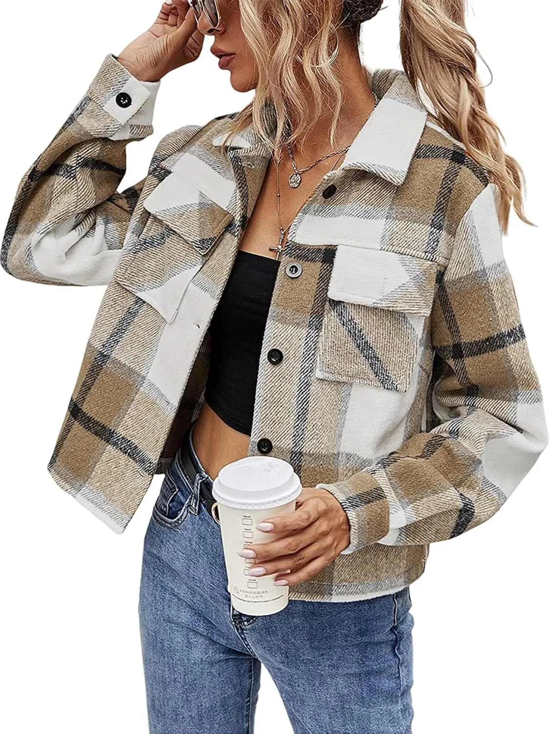 Binshre Womens Cropped Plaid Shacket Flannel Long Sleeve Button Down Jackets Coat for Women