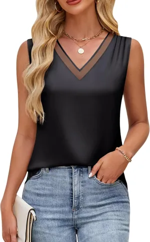 Blooming Jelly Womens Silk Business Dressy Casual Tank Tops Mesh V Neck Sleeveless Summer Blouse Work Pleated Outfits