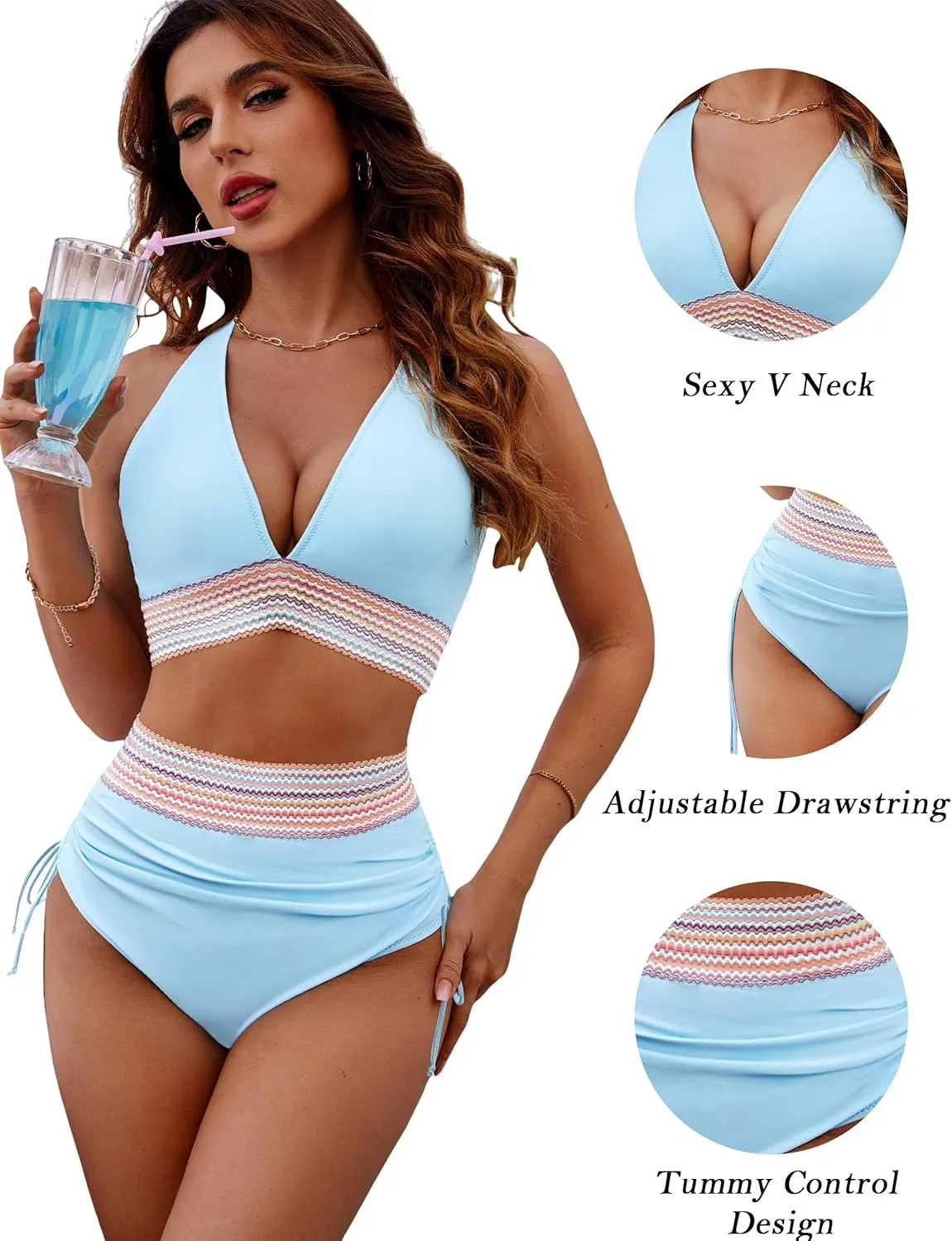 BMJL Womens High Waisted Bikini Sets Tummy Control Swimsuits Sexy V Neck Two Piece Bathing Suits 2024