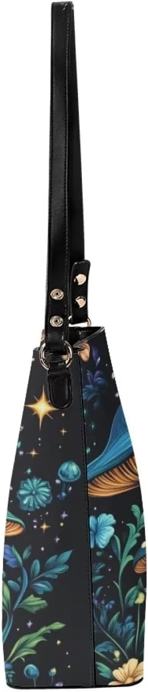 Boho Bags for Women Mushroom Graphic Leather Handbag Shoulder Crossbody Purse with Magnetic Snap and Strap
