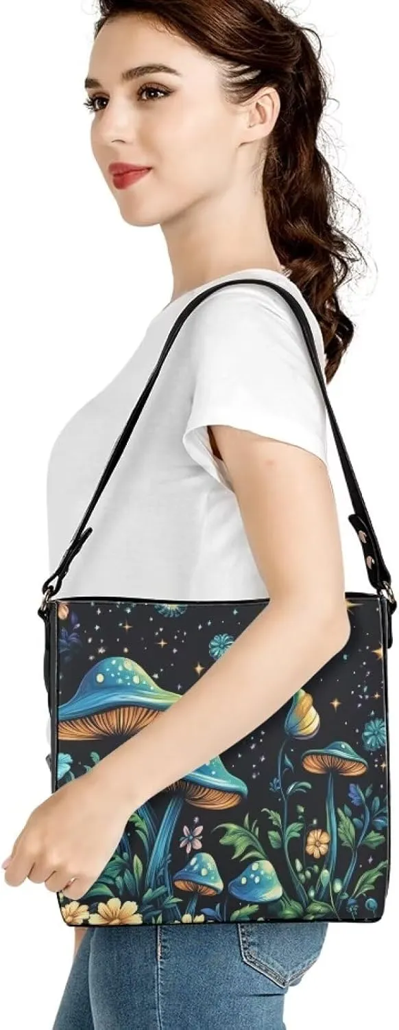 Boho Bags for Women Mushroom Graphic Leather Handbag Shoulder Crossbody Purse with Magnetic Snap and Strap