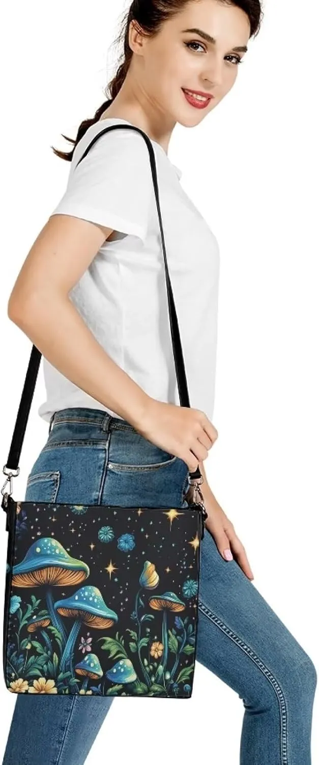 Boho Bags for Women Mushroom Graphic Leather Handbag Shoulder Crossbody Purse with Magnetic Snap and Strap