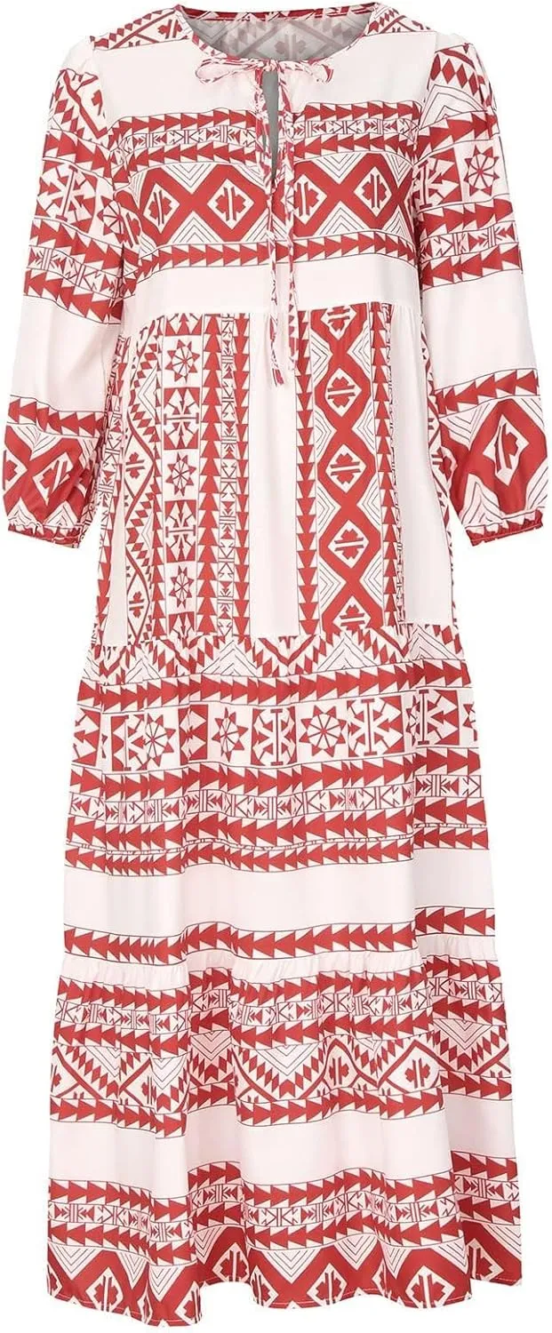 Boho Dresses for Women Summer Puff Half Sleeve V Neck Beach Vacation Dresses Casual Flowy Tiered Sundress Maxi Dress