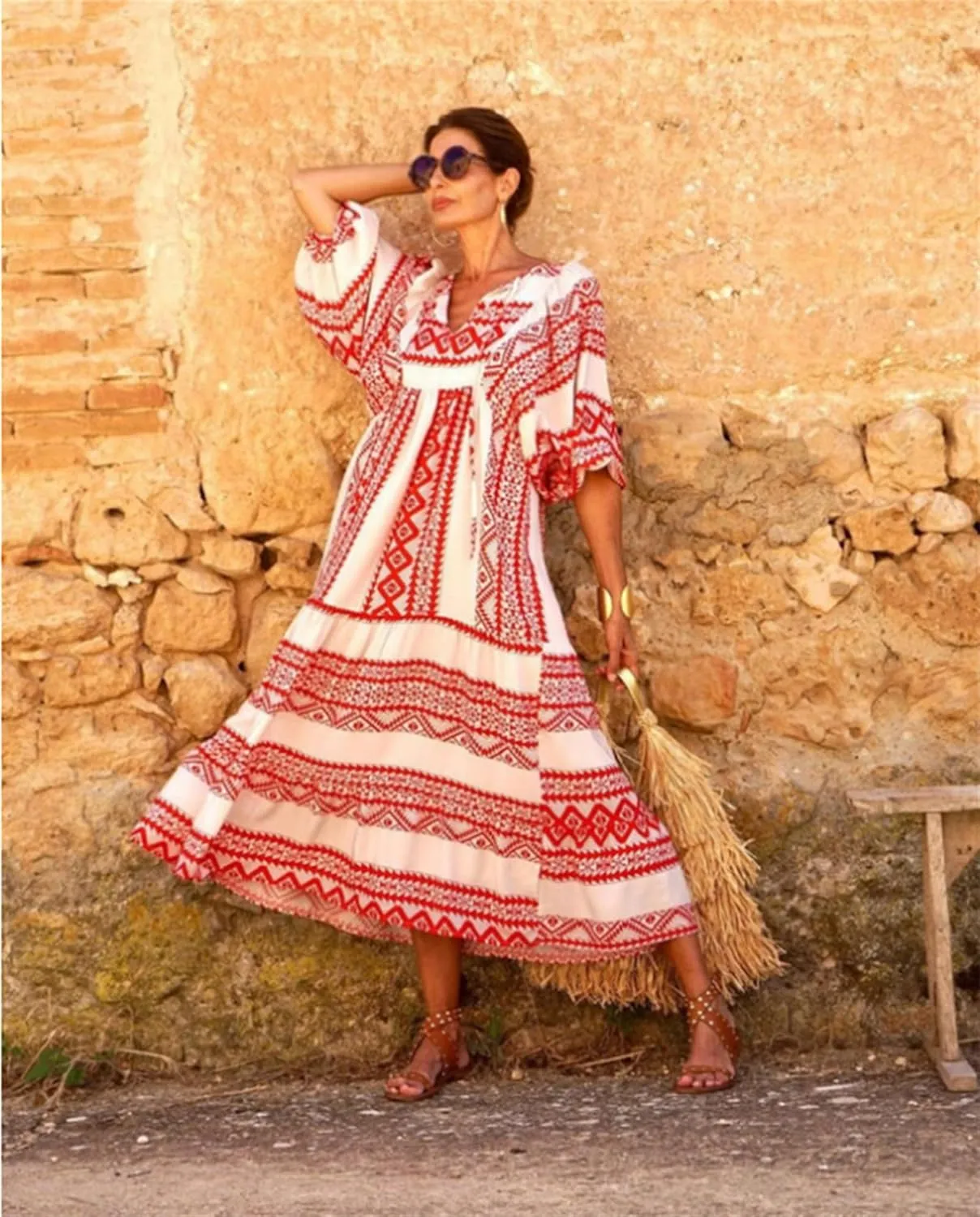 Boho Dresses for Women Summer Puff Half Sleeve V Neck Beach Vacation Dresses Casual Flowy Tiered Sundress Maxi Dress