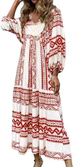 Boho Dresses for Women Summer Puff Half Sleeve V Neck Beach Vacation Dresses Casual Flowy Tiered Sundress Maxi Dress