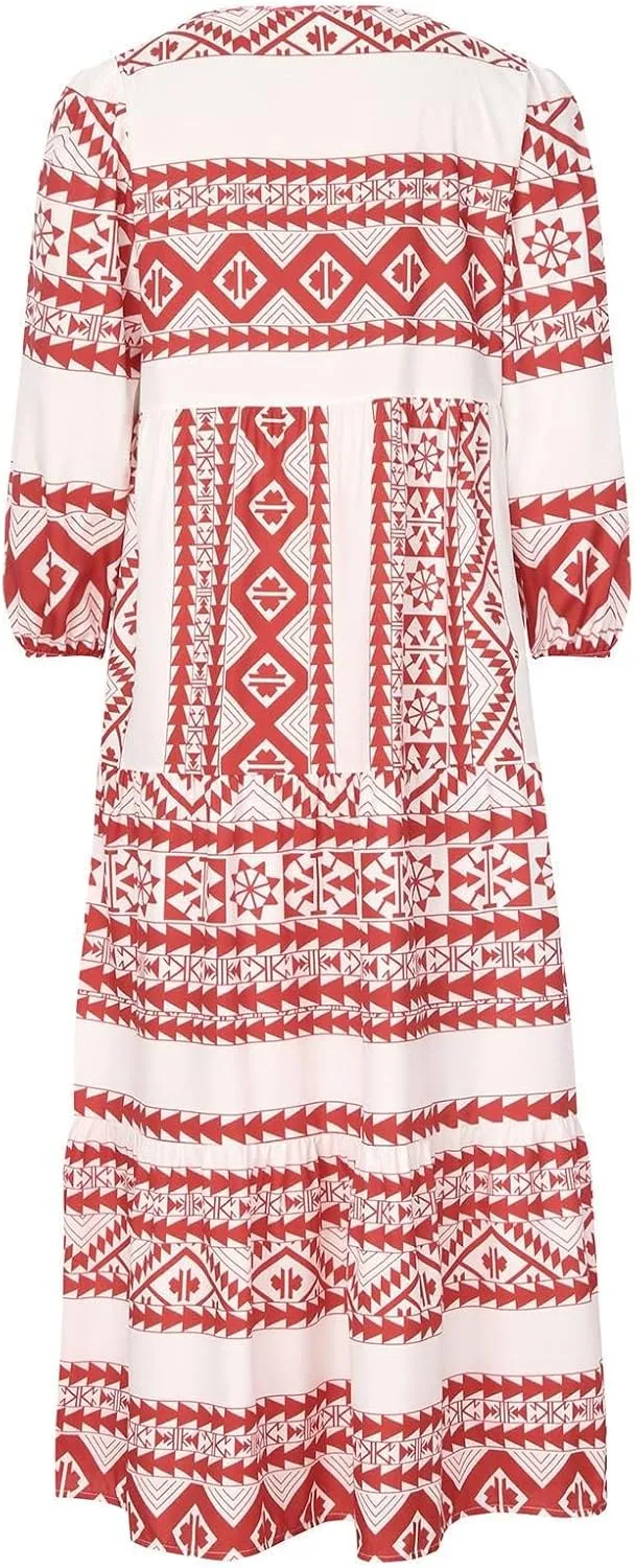 Boho Dresses for Women Summer Puff Half Sleeve V Neck Beach Vacation Dresses Casual Flowy Tiered Sundress Maxi Dress