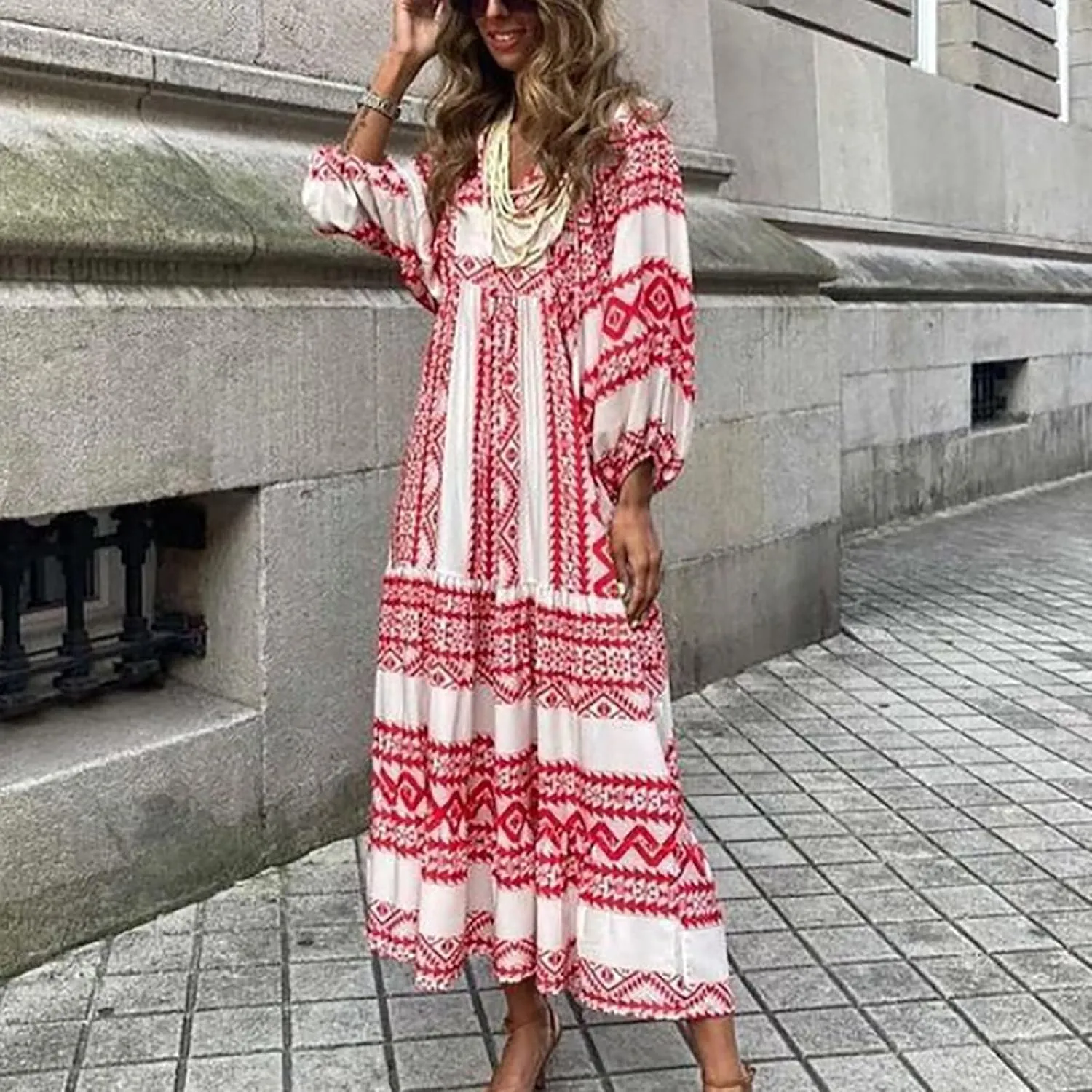Boho Dresses for Women Summer Puff Half Sleeve V Neck Beach Vacation Dresses Casual Flowy Tiered Sundress Maxi Dress