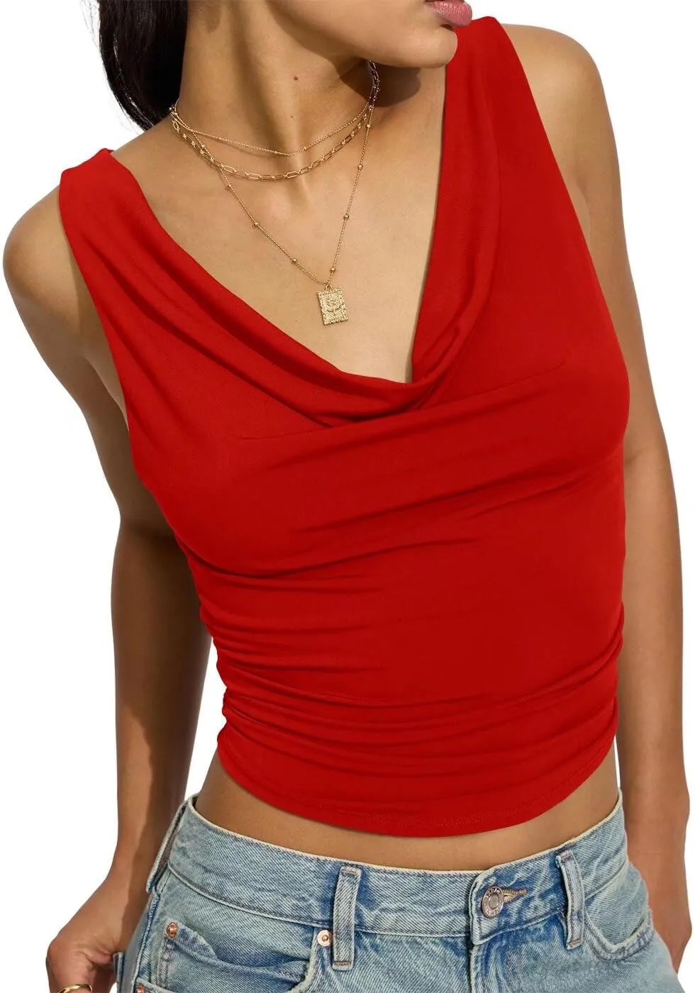 BONITEE Womens Cowl Neck Tank Tops Slim Crop Top Summer Sexy Sleeveless Sied Ruched Off Shoulder Shirts