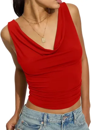 BONITEE Womens Cowl Neck Tank Tops Slim Crop Top Summer Sexy Sleeveless Sied Ruched Off Shoulder Shirts