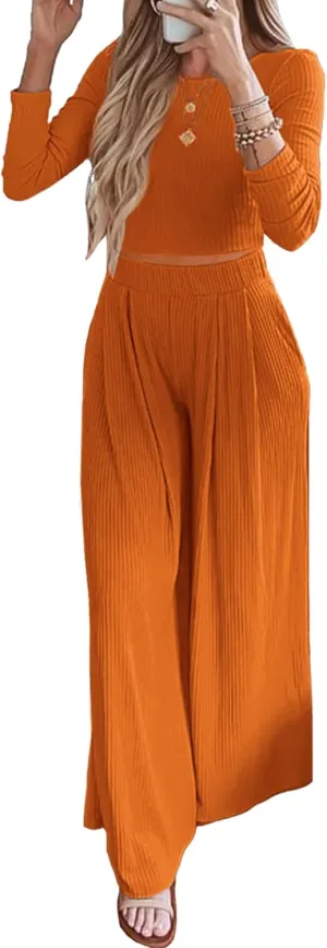 BTFBM Women's Two Piece Lounge Set Long Sleeve Bodycon Ribbed Knit Crop Top Loose Wide Leg Pant Casual Outfits Sweatsuit