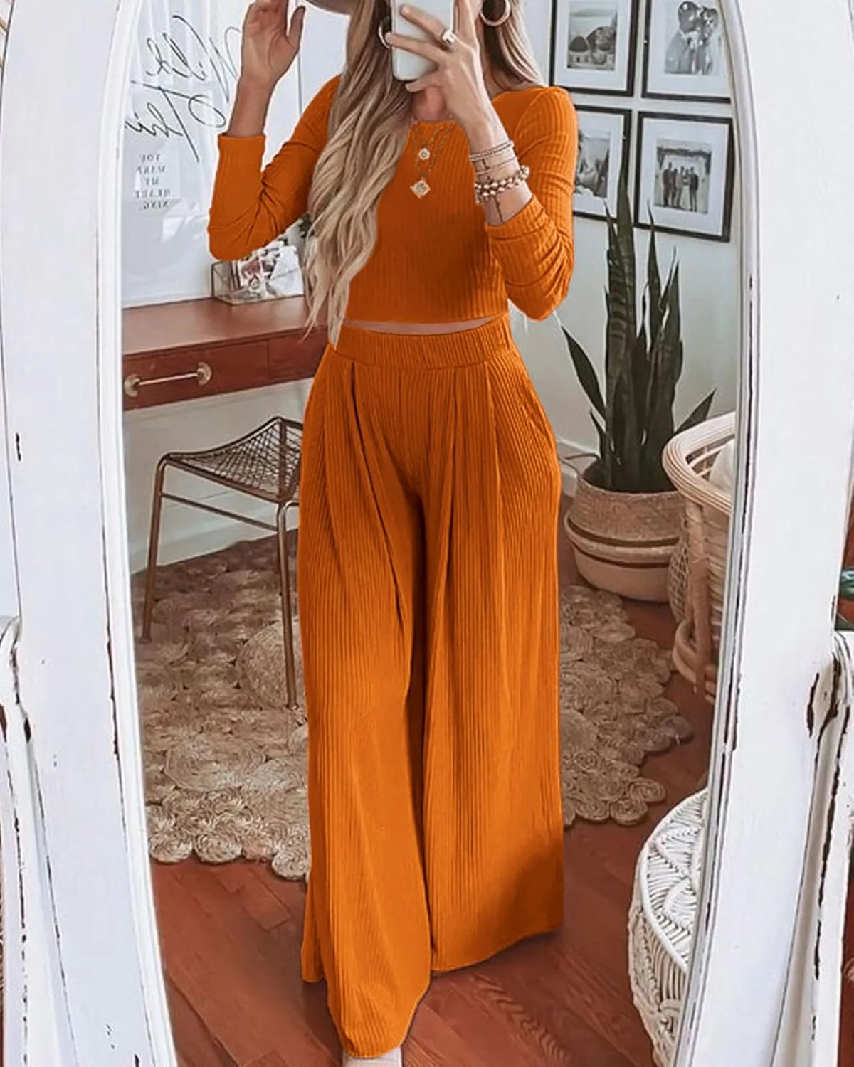 BTFBM Women's Two Piece Lounge Set Long Sleeve Bodycon Ribbed Knit Crop Top Loose Wide Leg Pant Casual Outfits Sweatsuit