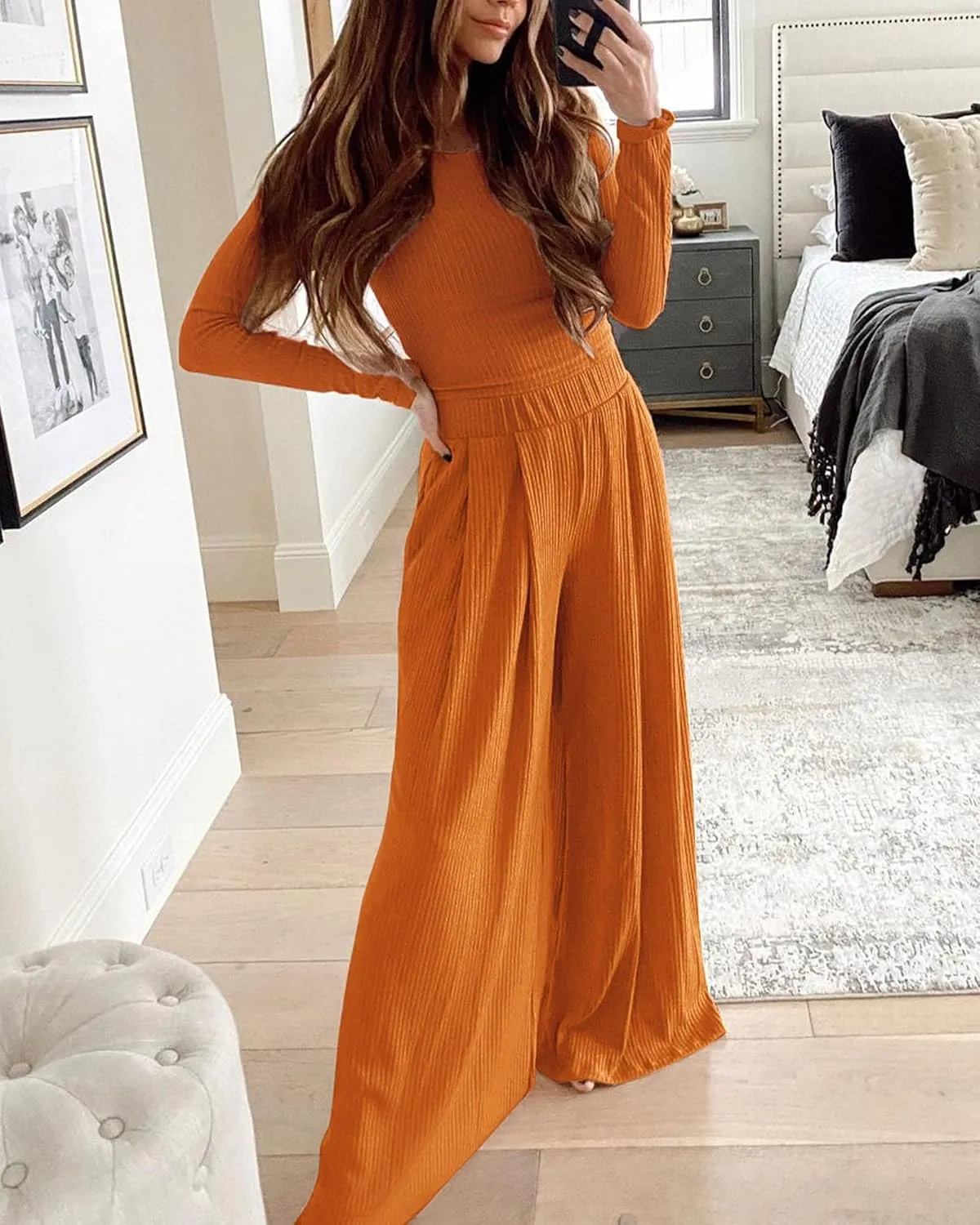 BTFBM Women's Two Piece Lounge Set Long Sleeve Bodycon Ribbed Knit Crop Top Loose Wide Leg Pant Casual Outfits Sweatsuit