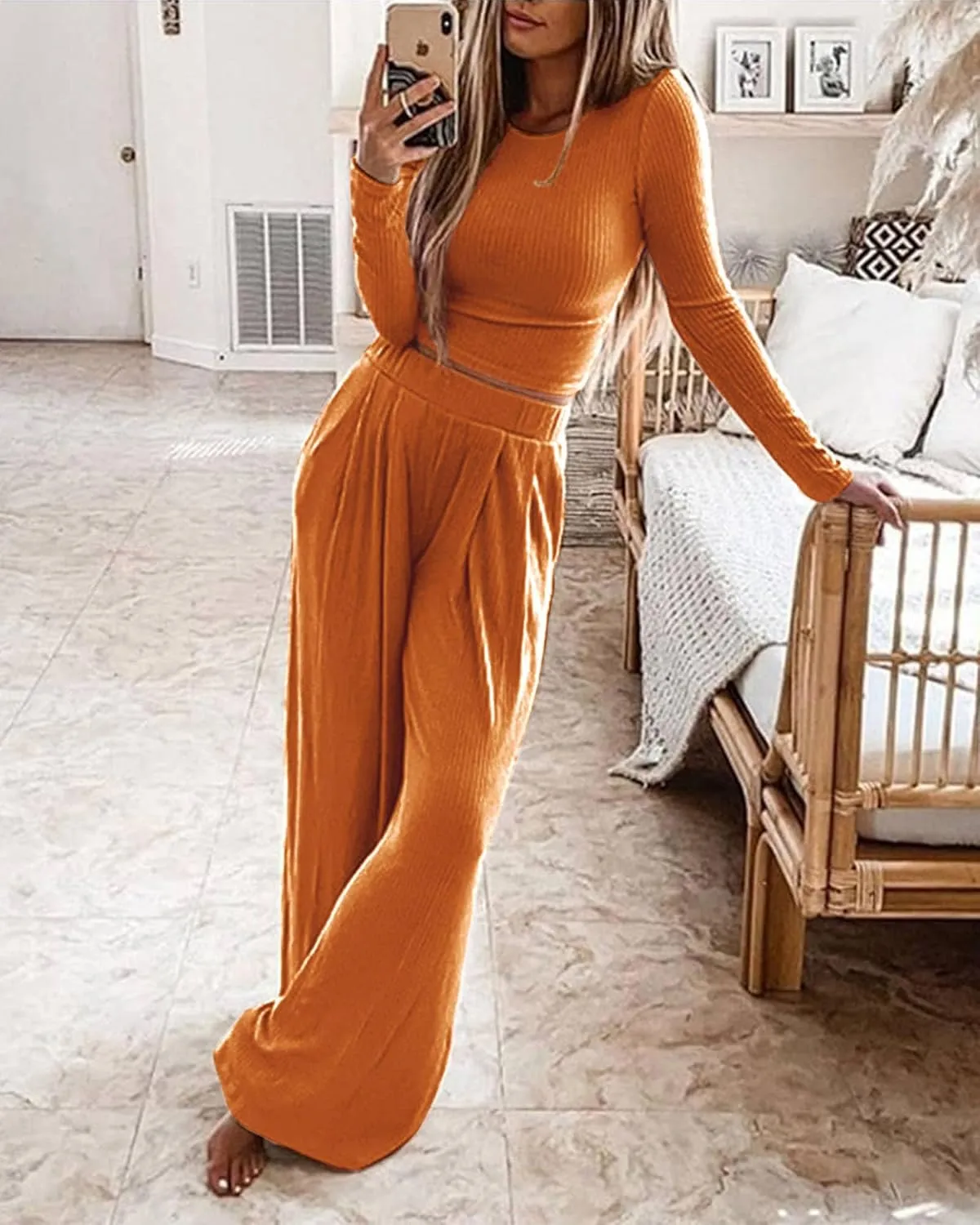 BTFBM Women's Two Piece Lounge Set Long Sleeve Bodycon Ribbed Knit Crop Top Loose Wide Leg Pant Casual Outfits Sweatsuit