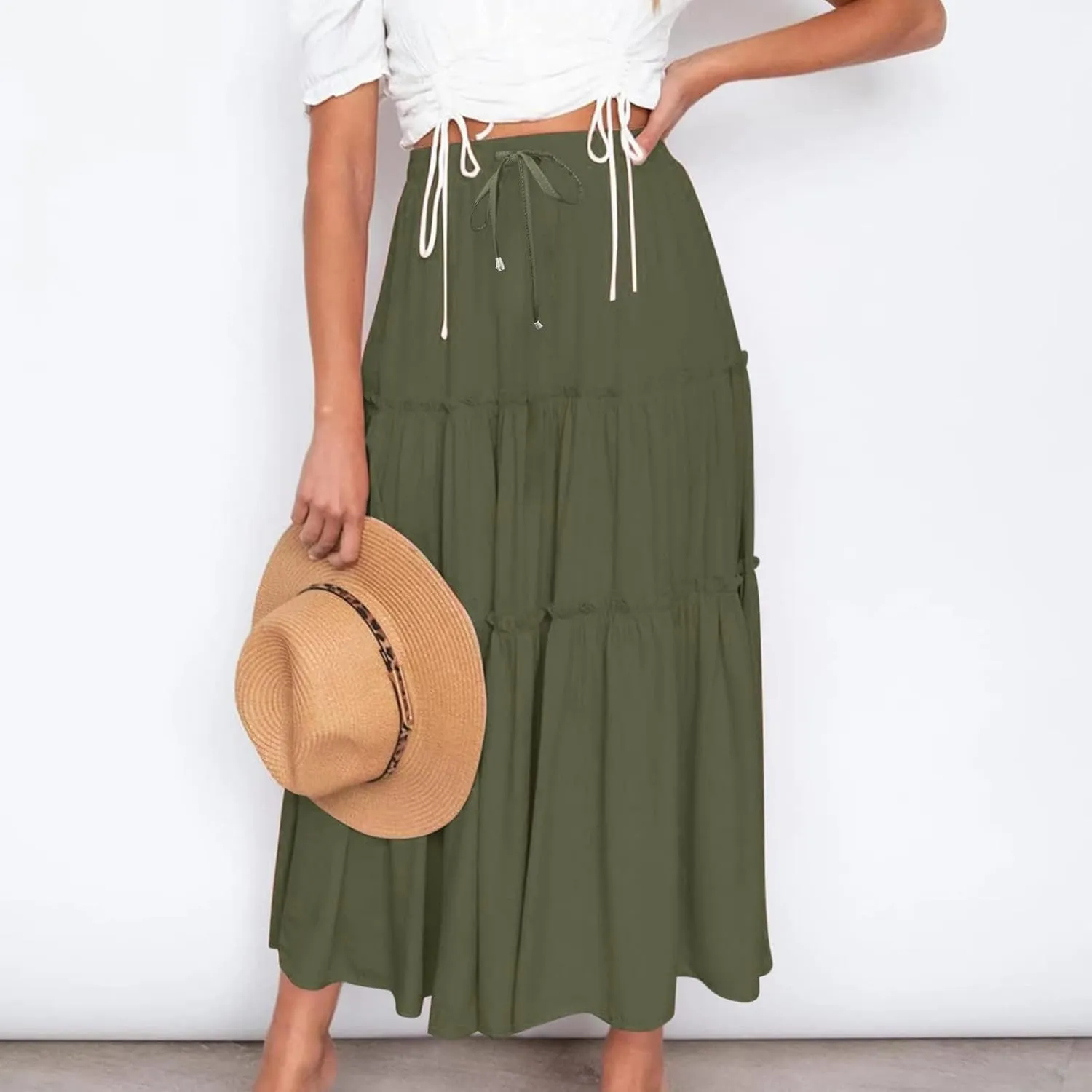 Casual Elastic Waist Summer Boho Skirts for Women Plus Size Stretchy Drawstring Maxi Skirt Layered Ruffle Dress