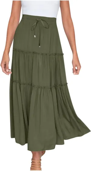 Casual Elastic Waist Summer Boho Skirts for Women Plus Size Stretchy Drawstring Maxi Skirt Layered Ruffle Dress