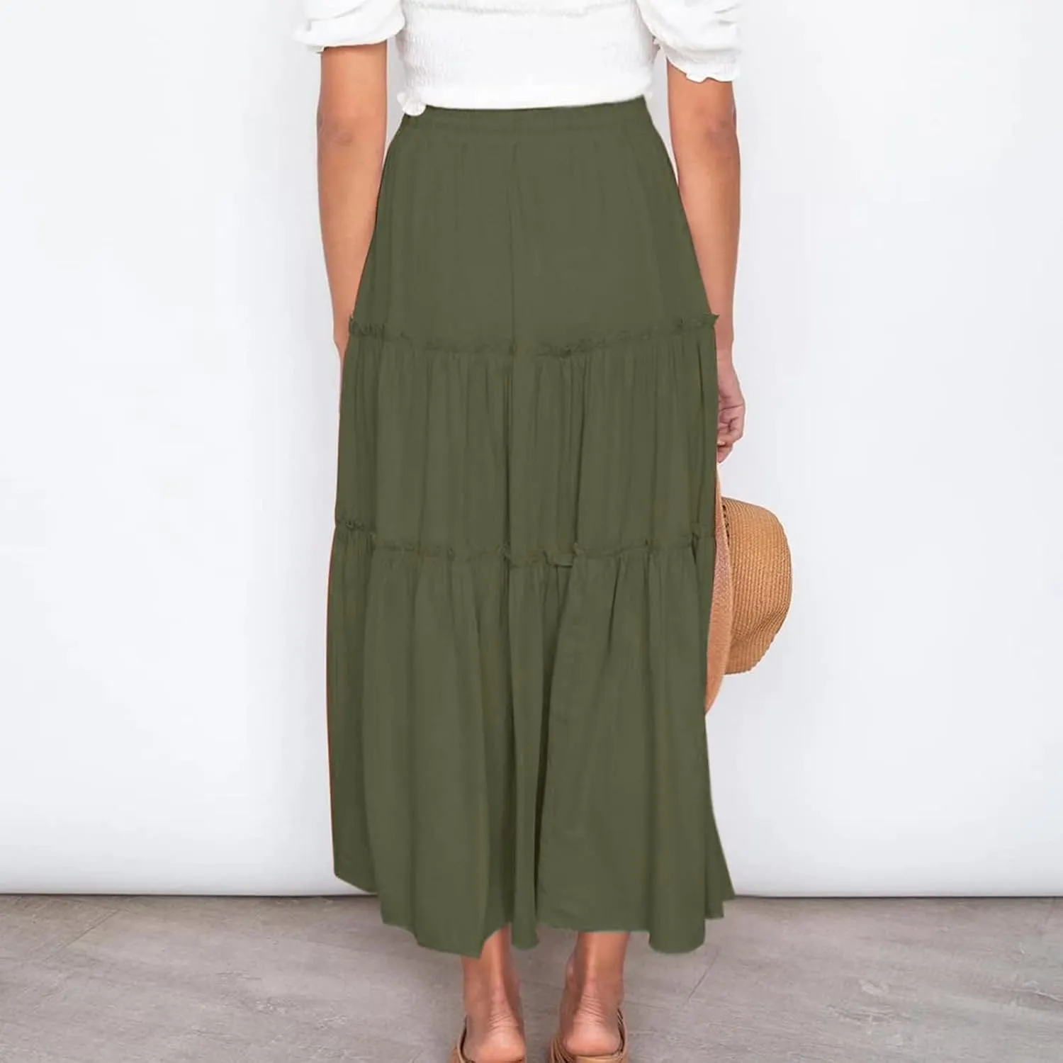 Casual Elastic Waist Summer Boho Skirts for Women Plus Size Stretchy Drawstring Maxi Skirt Layered Ruffle Dress