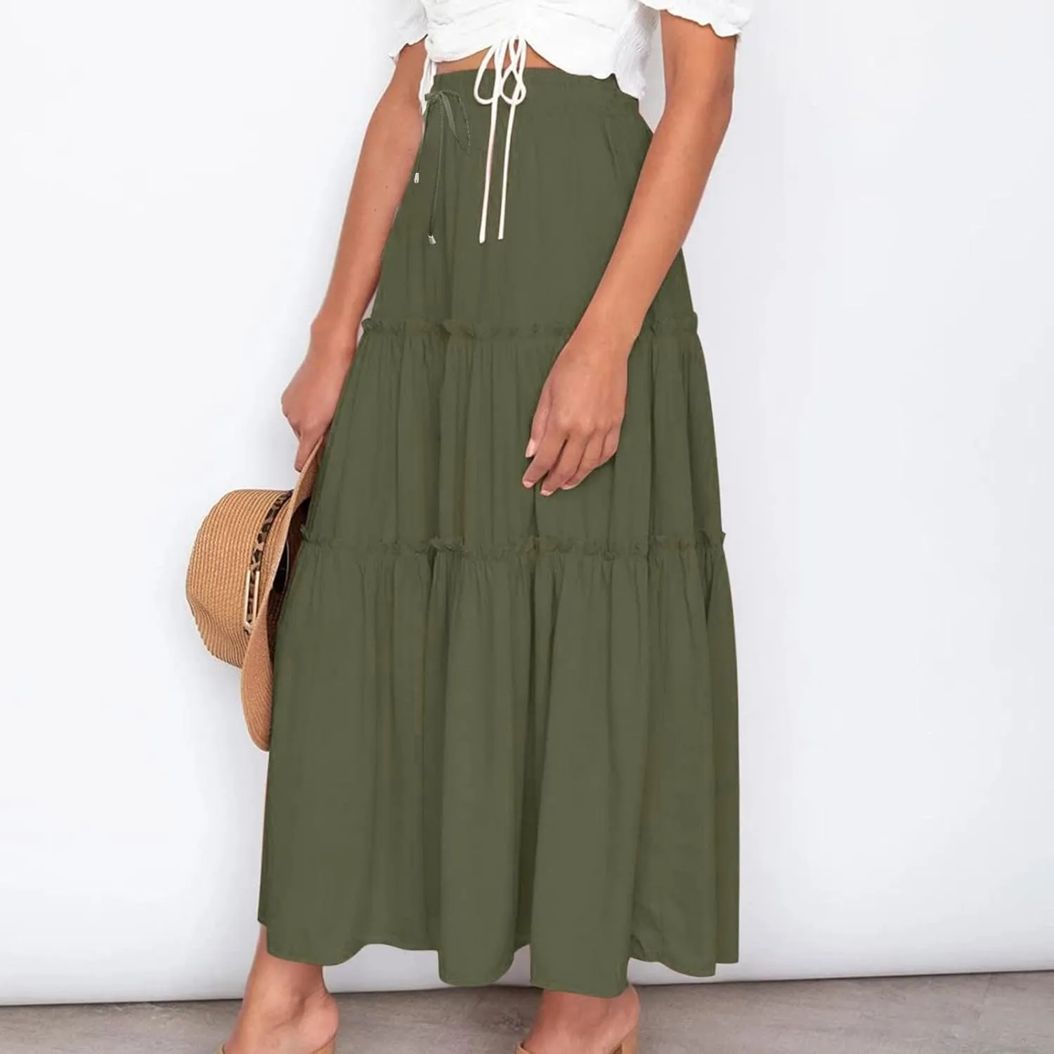 Casual Elastic Waist Summer Boho Skirts for Women Plus Size Stretchy Drawstring Maxi Skirt Layered Ruffle Dress