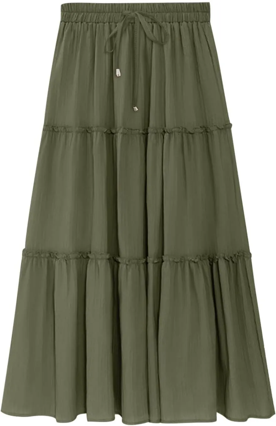 Casual Elastic Waist Summer Boho Skirts for Women Plus Size Stretchy Drawstring Maxi Skirt Layered Ruffle Dress