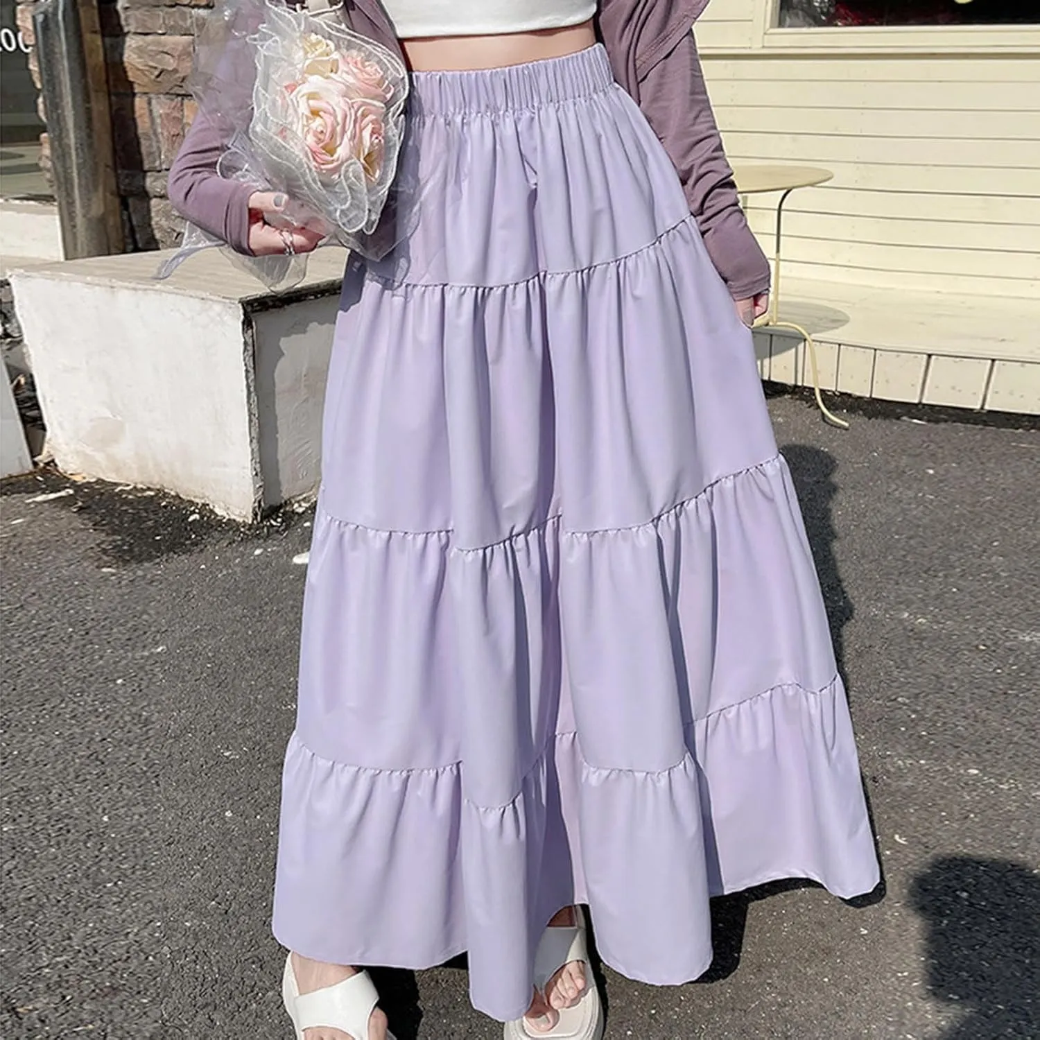 Casual Tiered Maxi Skirts for Women Cute Elastic High Waist Pleated Long Skirt Comfy A Linen Summer Dress