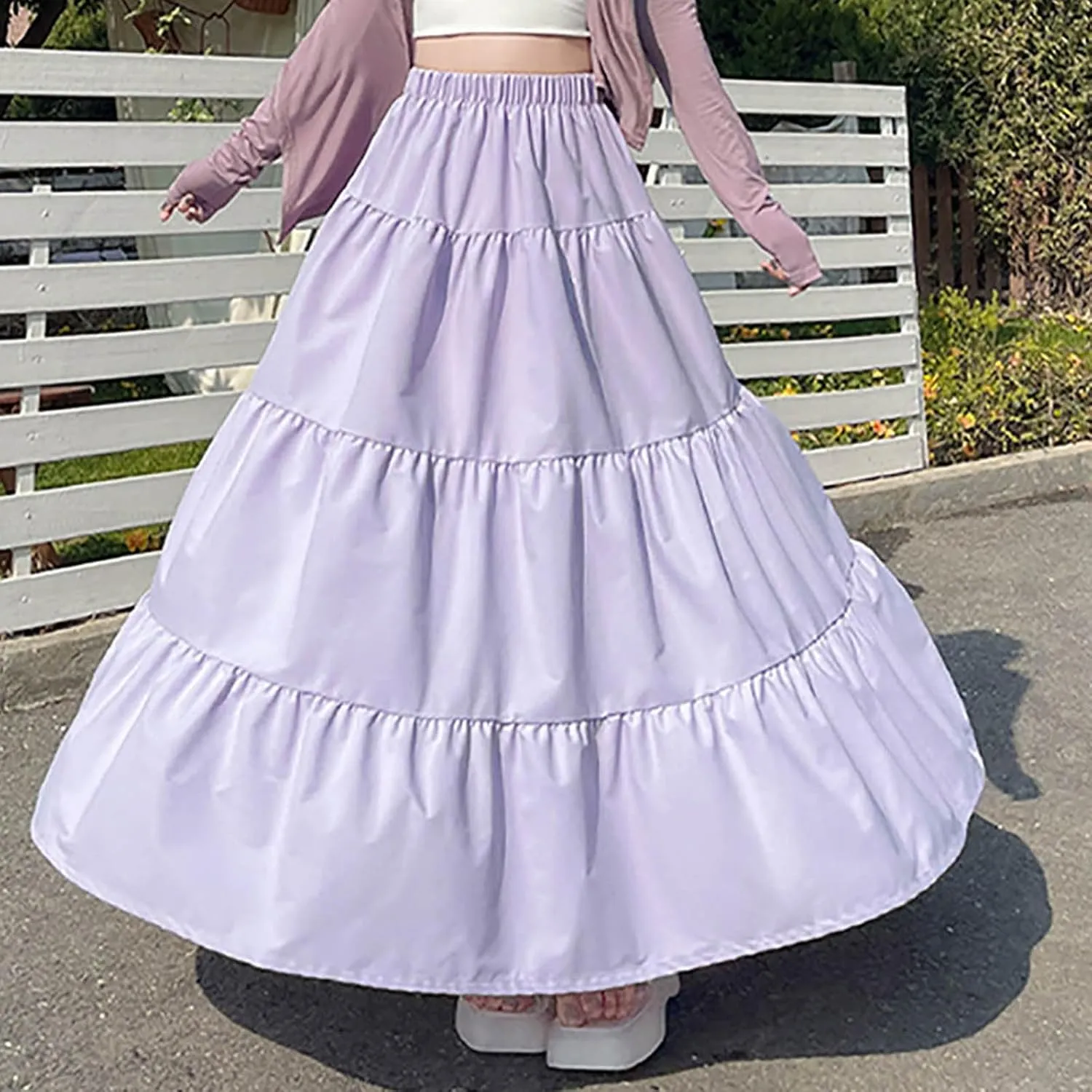 Casual Tiered Maxi Skirts for Women Cute Elastic High Waist Pleated Long Skirt Comfy A Linen Summer Dress