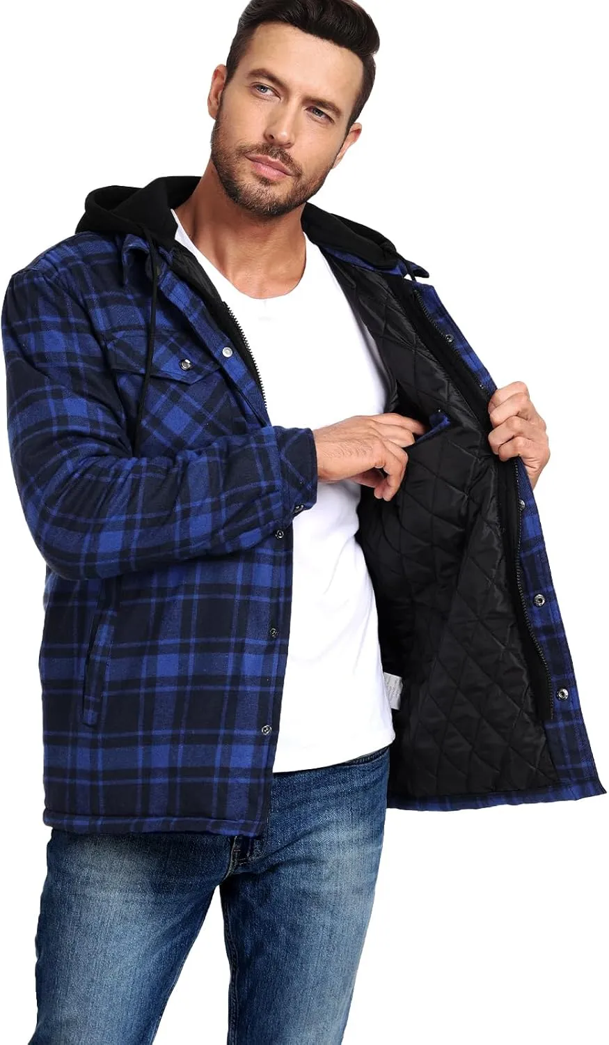 CHEXPEL Flannel Jackets for Men Long Sleeve Plaid Shirt Jacket Quilt Lined Hooded with Button Down Winter Coat