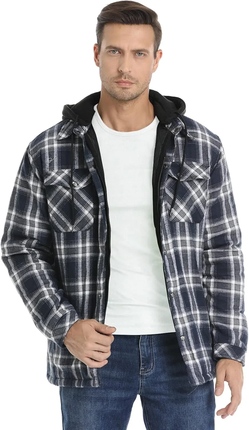 CHEXPEL Flannel Jackets for Men Long Sleeve Plaid Shirt Jacket Quilt Lined Hooded with Button Down Winter Coat