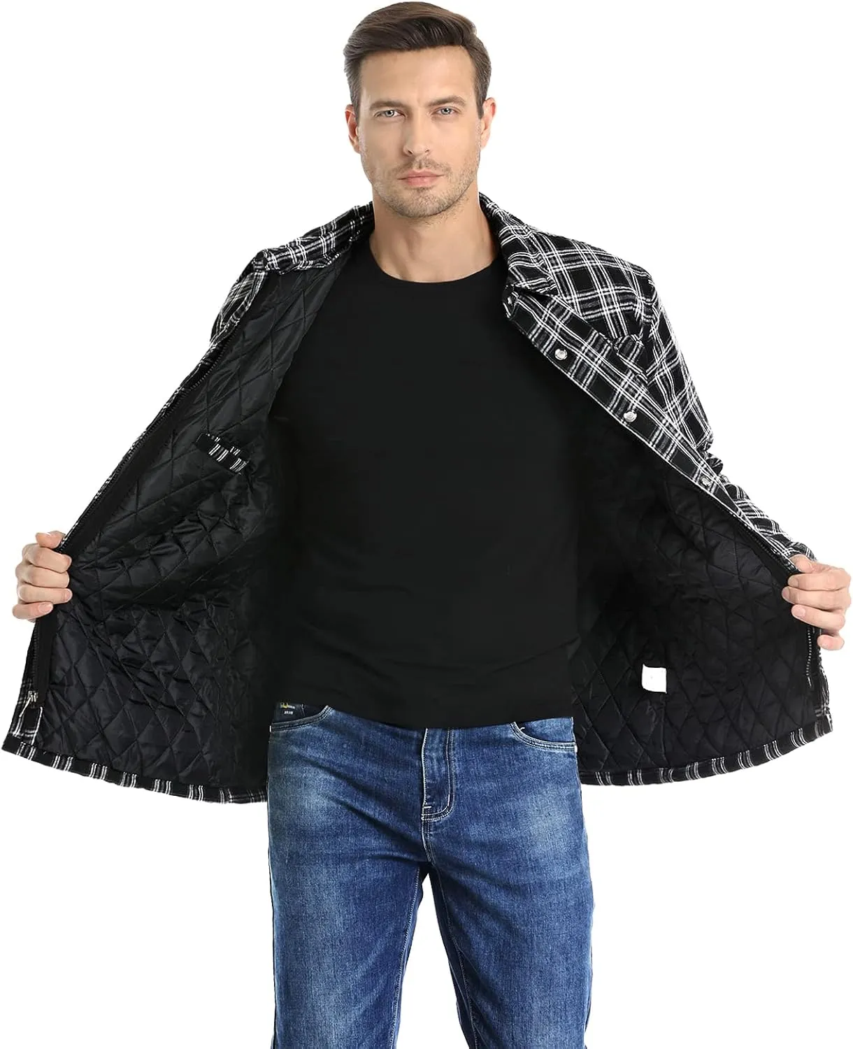 CHEXPEL Flannel Jackets for Men Long Sleeve Plaid Shirt Jacket Quilt Lined Hooded with Button Down Winter Coat