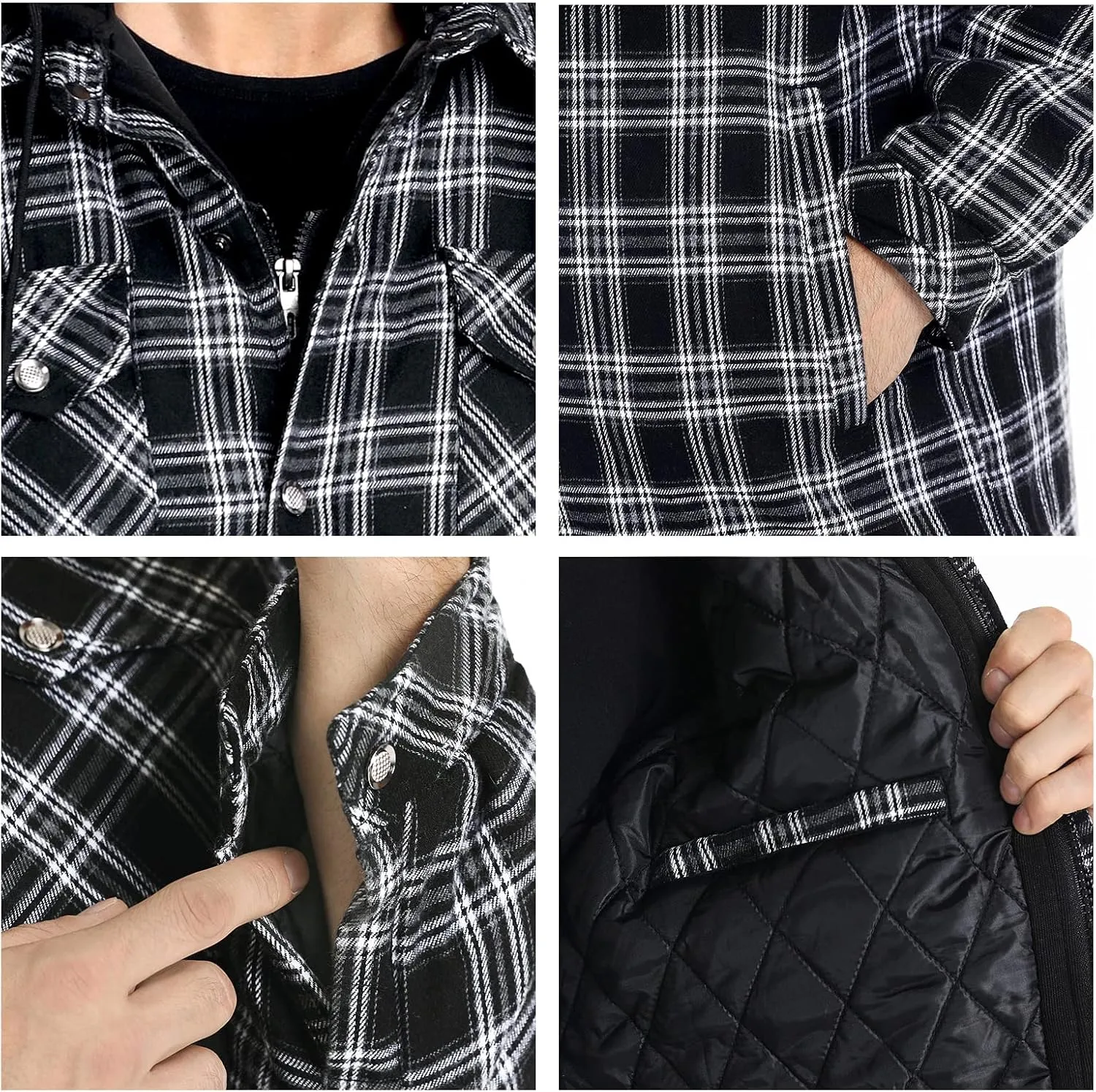CHEXPEL Flannel Jackets for Men Long Sleeve Plaid Shirt Jacket Quilt Lined Hooded with Button Down Winter Coat
