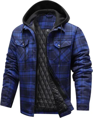 CHEXPEL Flannel Jackets for Men Long Sleeve Plaid Shirt Jacket Quilt Lined Hooded with Button Down Winter Coat