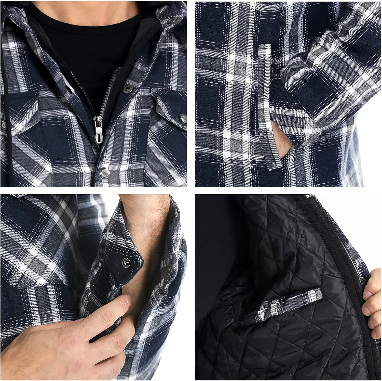 CHEXPEL Flannel Jackets for Men Long Sleeve Plaid Shirt Jacket Quilt Lined Hooded with Button Down Winter Coat