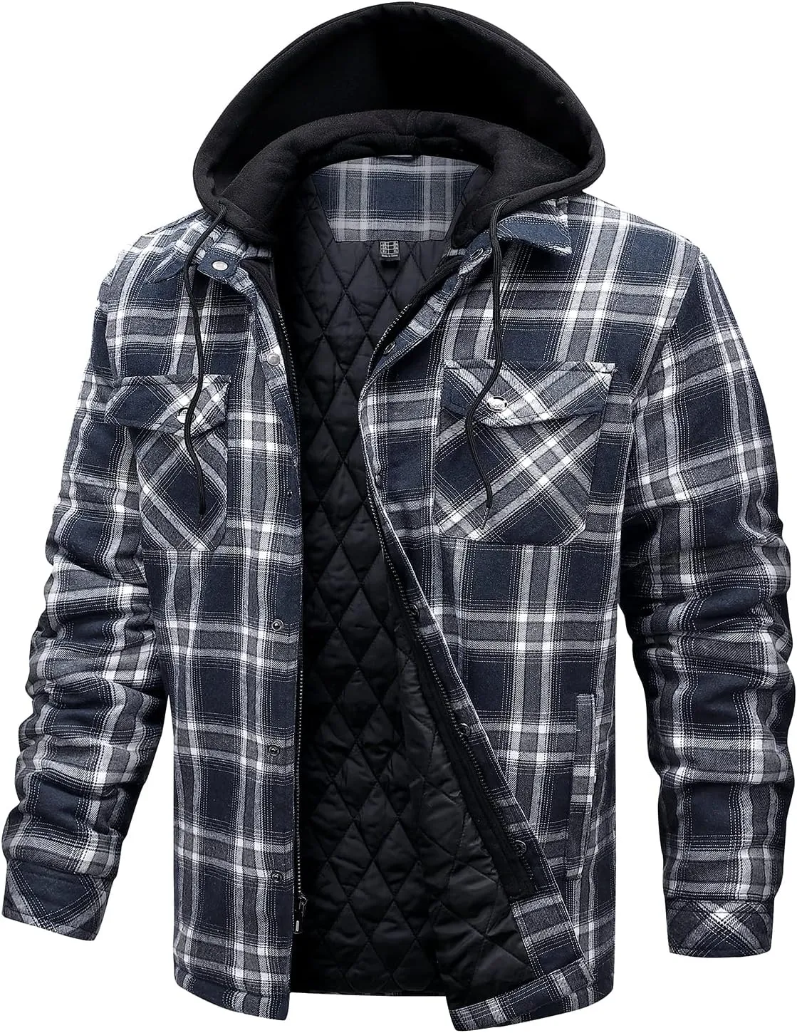 CHEXPEL Flannel Jackets for Men Long Sleeve Plaid Shirt Jacket Quilt Lined Hooded with Button Down Winter Coat
